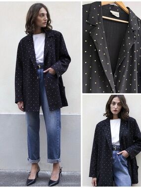 VTG 90s Slouchy Black Gold Metallic Blazer Lightweight Layering Oversized 80s LG
